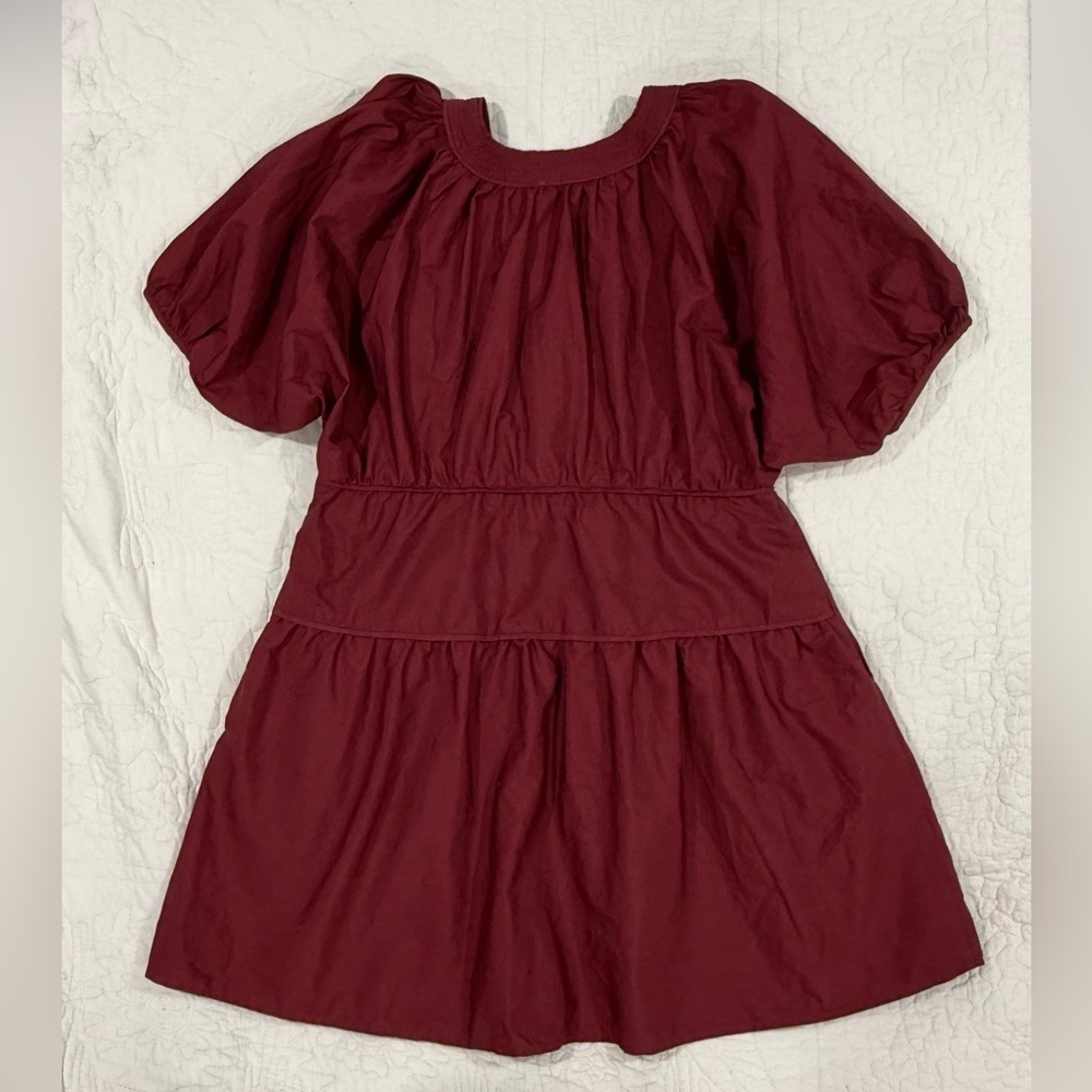Madewell Brick Red V-Neck Puff Sleeve Tiered Mini Dress Size S 100% Cotton - Picture 3 of 10